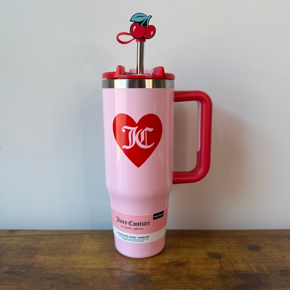 New Juicy Couture 31.5 oz Light Pink Red Cherry Tumbler Cup JC Heart Cute Summer